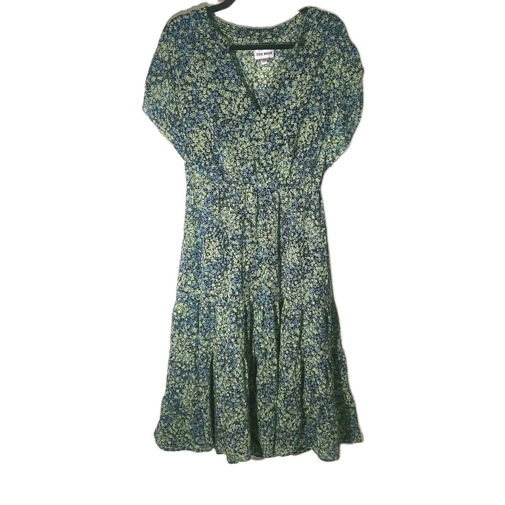 Steve Madden Dress Size Medium Green Black Blue Tiered Floral Midi Wedding Party